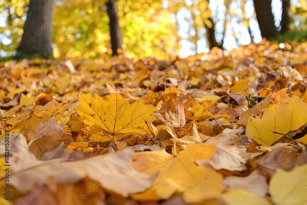 Golden autumn leaves blanket the forest floor in a serene woodland setting at sunset Golden autumn leaves blanket the forest floor in a serene woodland setting at sunset