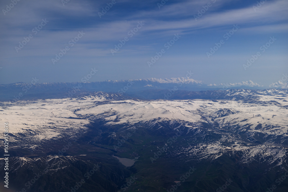 Fototapeta premium Vardenis range and lake Sevan from above