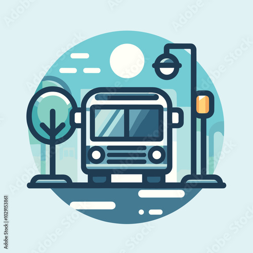 Modern urban bus stop illustration with cityscape and public transport design