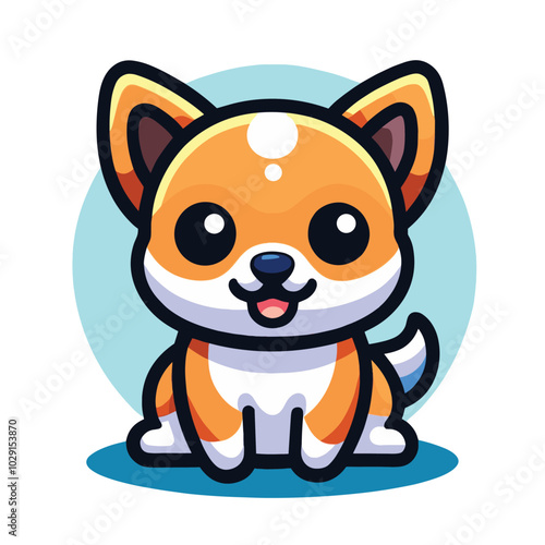 Cute cartoon shiba inu dog illustration with big eyes on blue background