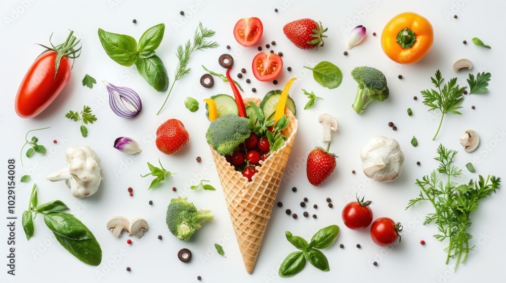Healthy eating concept. Ice cream cone with various vegetables instead of ice cream on white background. Healthy eating concept. Ice cream cone with various vegetables instead of ice cream on white background.