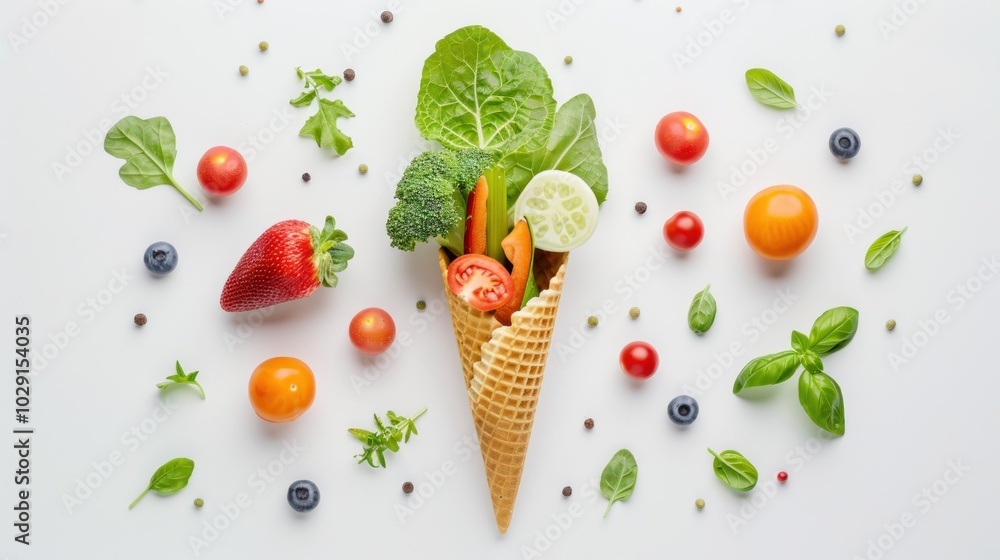 Healthy eating concept. Ice cream cone with various vegetables instead of ice cream on white background. Healthy eating concept. Ice cream cone with various vegetables instead of ice cream on white background.