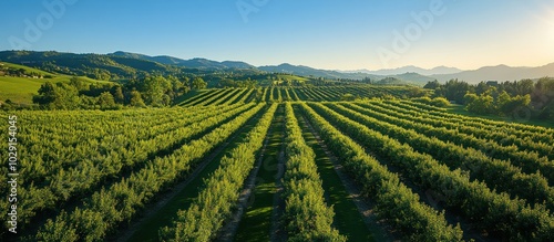 An aerial view of a lush, green orchard with rows of trees extending into the distance. The sun is setting over the mountains in the background, casting long shadows over the trees.