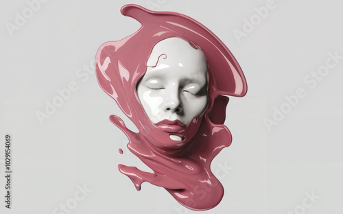 A 3D rendering of a human face, seemingly made of a glossy, liquid substance. The face appears to be in a state of melting or transformation, with the pinkish liquid flowing and swirling around it.
