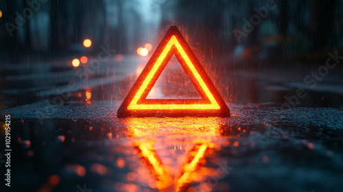 Illuminated Reflections with an Emergency Triangle in Rainy Night Road