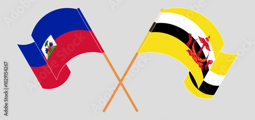 Crossed and waving flags of Republic of Haiti and Brunei. Vector illustration