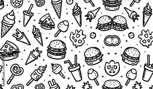 Set of Food Icon line Art Vector Drawing Ppattern Illustration Background.