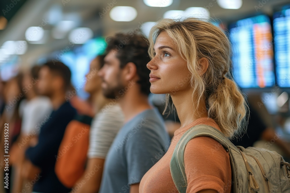 A diverse group of people standing in line at an airport check-in counter, with blurred departure screens and travel bags in the background A diverse group of people standing in line at an airport check-in counter, with blurred departure screens and travel bags in the background