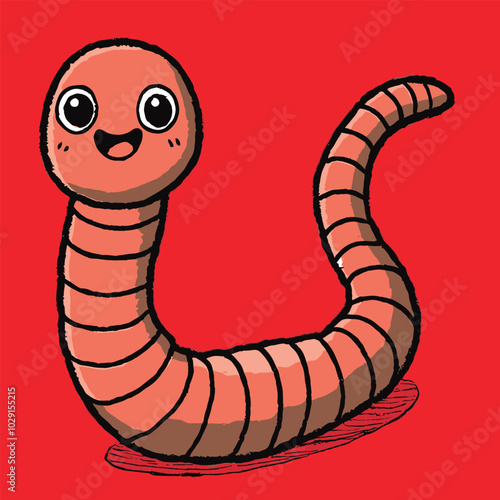 Cute cartoon worm illustration on vibrant red background