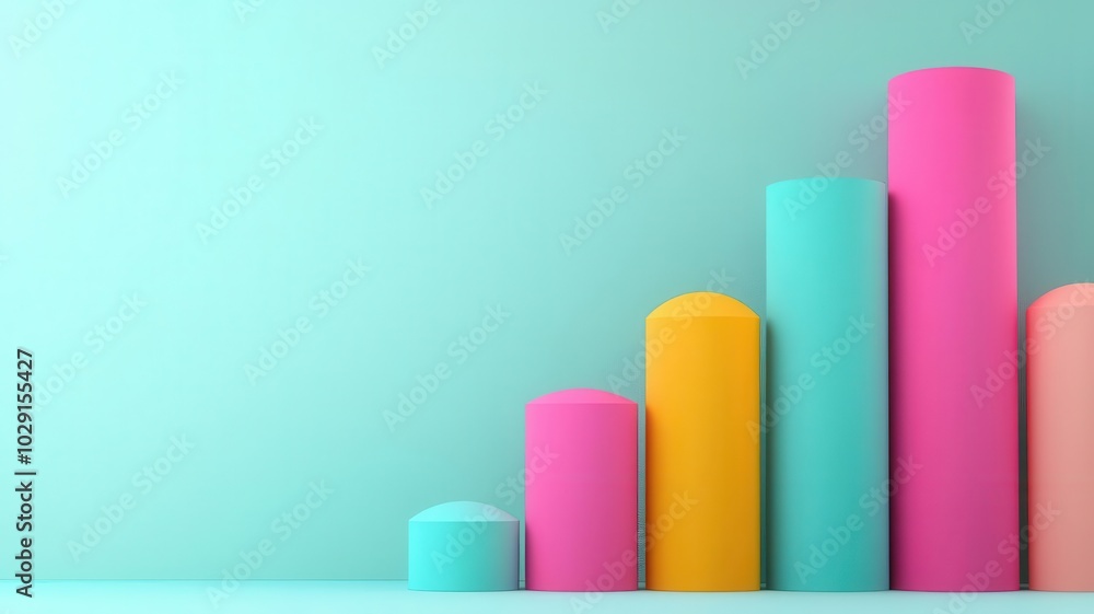 A colorful bar graph displays ascending cylindrical shapes against a minimalist mint green background, symbolizing growth and progress. A colorful bar graph displays ascending cylindrical shapes against a minimalist mint green background, symbolizing growth and progress.