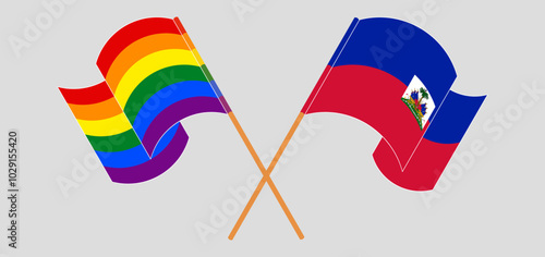 Crossed and waving flags of LGBTQ and Republic of Haiti. Vector illustration