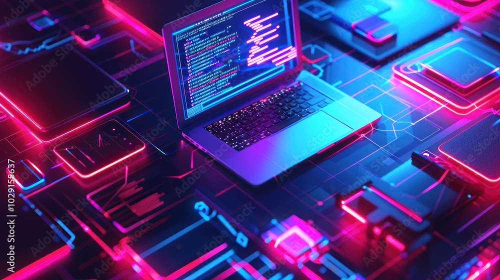 Illustration of digital files and laptop on neon background. Working with documents online, digitalization and data storage concept Illustration of digital files and laptop on neon background. Working with documents online, digitalization and data storage concept