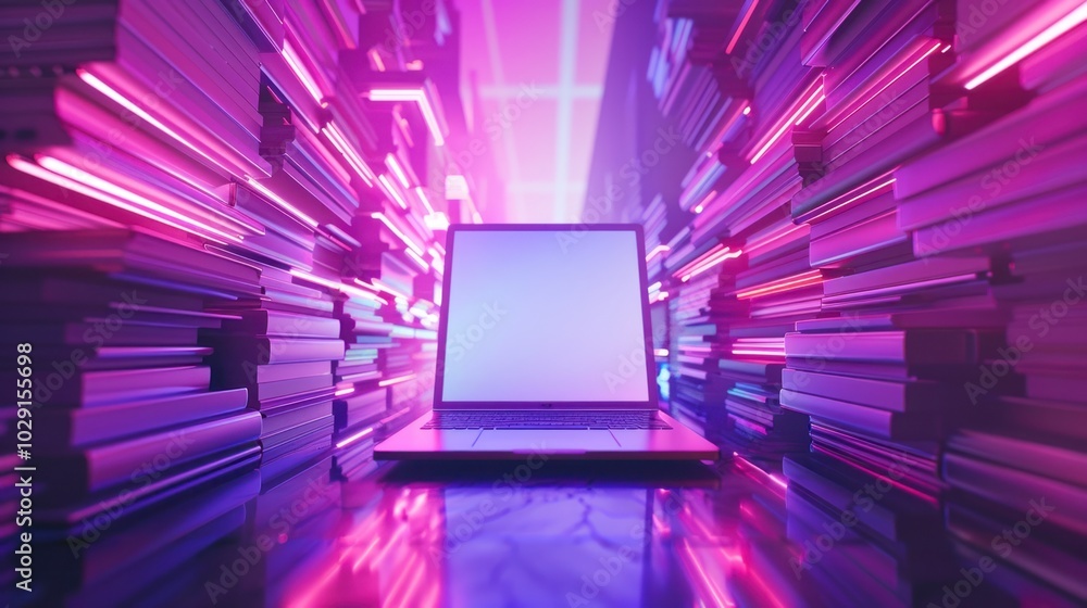 Illustration of digital files and laptop on neon background. Working with documents online, digitalization and data storage concept Illustration of digital files and laptop on neon background. Working with documents online, digitalization and data storage concept