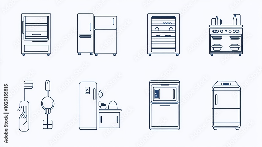 A set of vector line icons depicting fridge and freezer functionalities, including freezing and refrigeration. This outline icon collection covers symbols like refrigerator, defrosting A set of vector line icons depicting fridge and freezer functionalities, including freezing and refrigeration. This outline icon collection covers symbols like refrigerator, defrosting