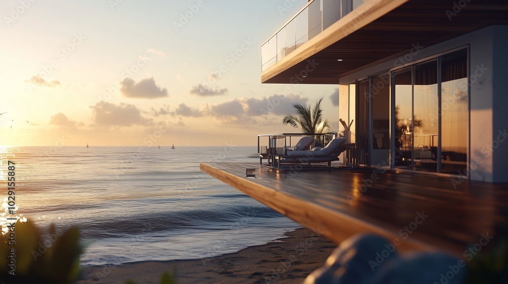 Fototapeta premium A tranquil sunset view from a beachfront terrace overlooking the calm ocean waters and distant sailboats