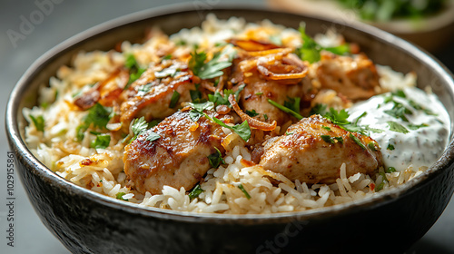 Biryani: A fragrant rice dish layered with marinated chicken, saffron, and spices, served in a deep dish with raita on the side. The dish is garnished with fried onions and fresh herbs.