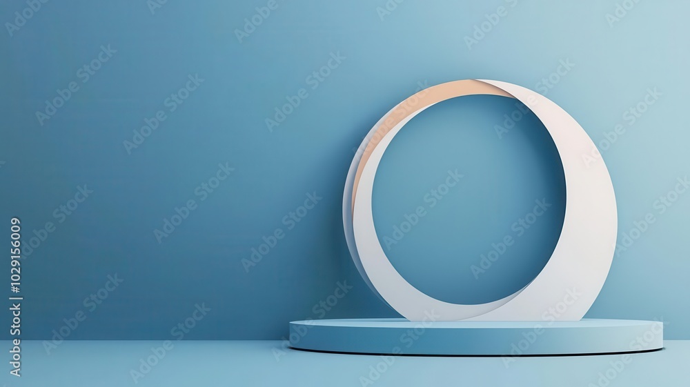 A minimalist design featuring a circular structure on a platform against a calming blue background. A minimalist design featuring a circular structure on a platform against a calming blue background.