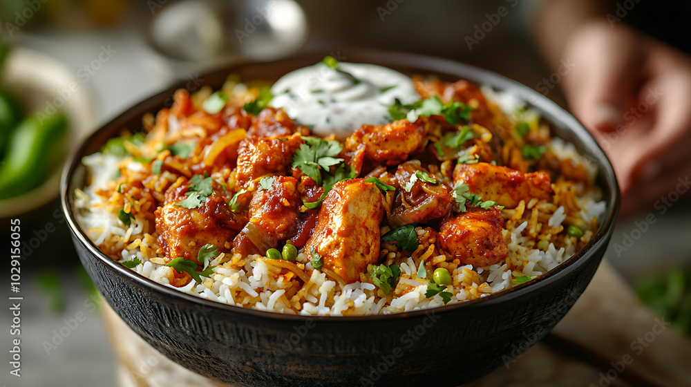 Biryani: A fragrant rice dish layered with marinated chicken, saffron, and spices, served in a deep dish with raita on the side. The dish is garnished with fried onions and fresh herbs. Biryani: A fragrant rice dish layered with marinated chicken, saffron, and spices, served in a deep dish with raita on the side. The dish is garnished with fried onions and fresh herbs.
