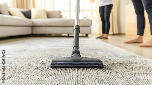 Wallpaper Mural A vacuum cleaner on a rug, focusing on cleaning while a person stands nearby in a cozy living room setting. Torontodigital.ca
