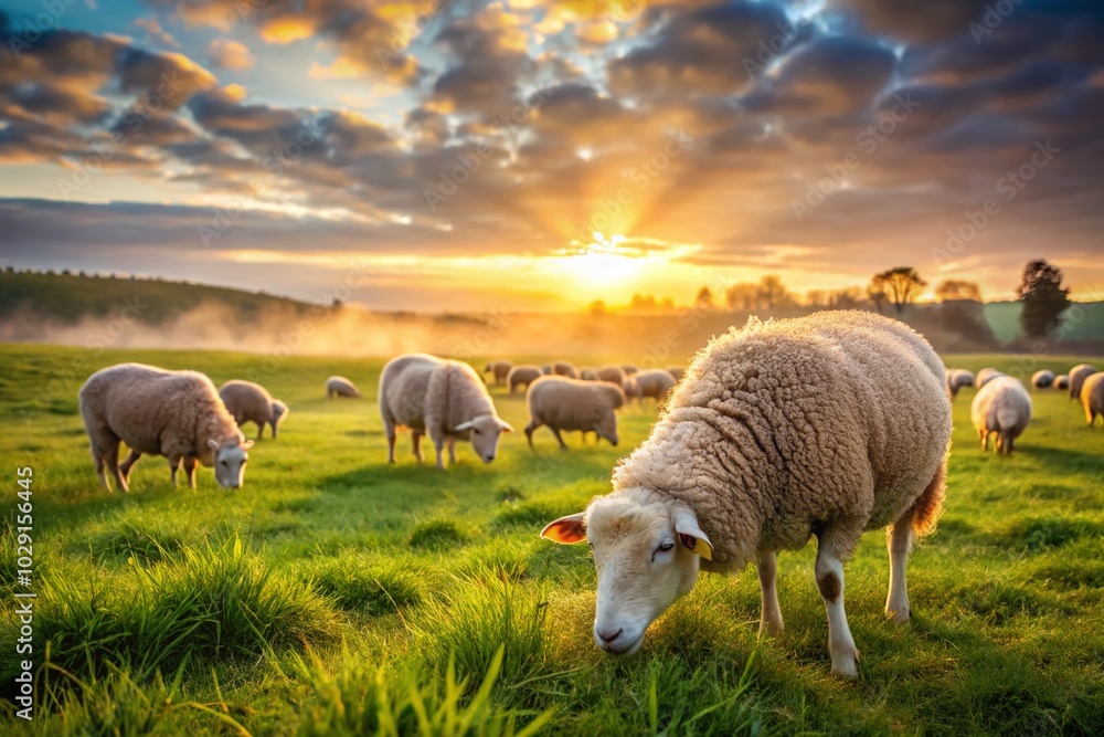 Serene Morning Portrait of Sheep in a Pastoral Landscape Serene Morning Portrait of Sheep in a Pastoral Landscape