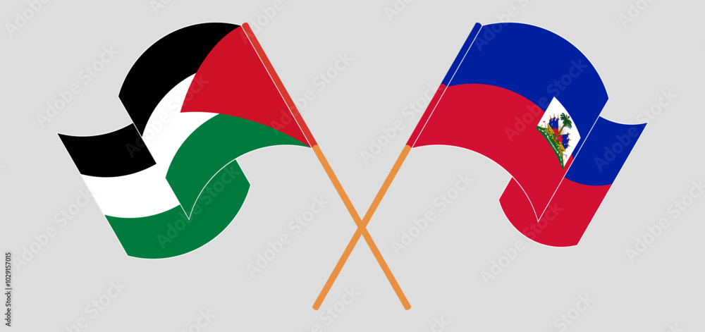 Crossed and waving flags of Palestine and Republic of Haiti. Vector illustration Crossed and waving flags of Palestine and Republic of Haiti. Vector illustration