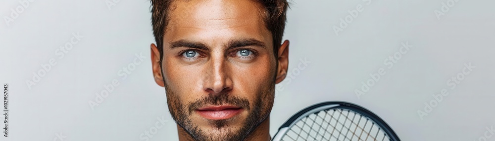 Man with tennis racket, white background, sports activity Man with tennis racket, white background, sports activity