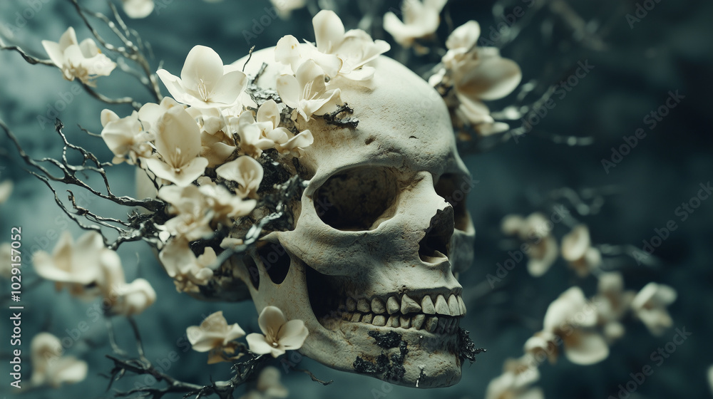Naklejka premium A continuous loop of a skull transforming into a blooming flower, then back into a skull, symbolizing the cyclical nature of life and death. Surrealism