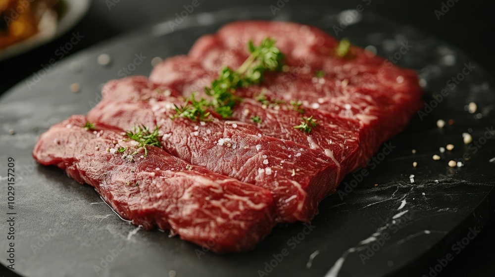Artistic arrangement of Wagyu beef on dark gray marble, with natural lighting enhancing its rich colors. Artistic arrangement of Wagyu beef on dark gray marble, with natural lighting enhancing its rich colors.