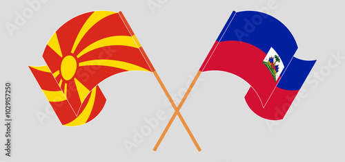 Crossed and waving flags of North Macedonia and Republic of Haiti. Vector illustration
