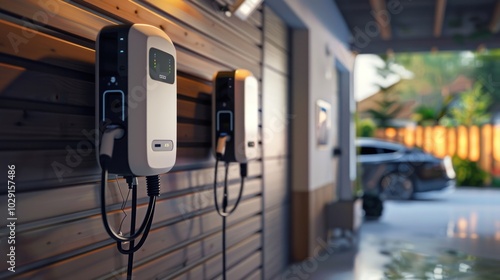 Level 2 electric vehicle charging station installed in a home garage interior with a blurred background Concept of eco friendly transportation and sustainable energy infrastructure for modern living