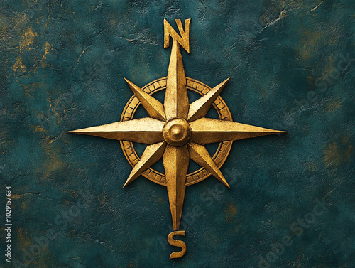 a compass rose with a golden center and a black background. The compass rose is detailed with gold lines and symbols. photo