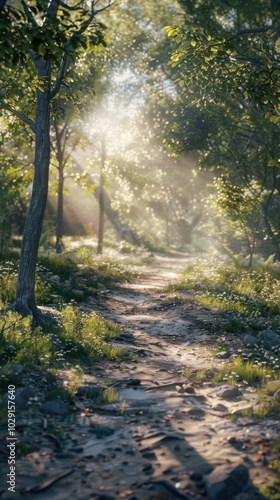 Peaceful forest path with sunlight filtering through the trees, 4K hyperrealistic photo