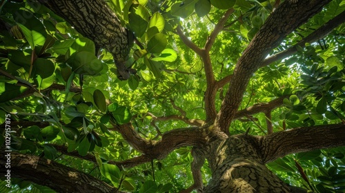 Lush green leafy tree canopy providing cooling shade and a peaceful retreat in a serene natural environment The verdant foliage filters sunlight creating a tranquil rejuvenating atmosphere