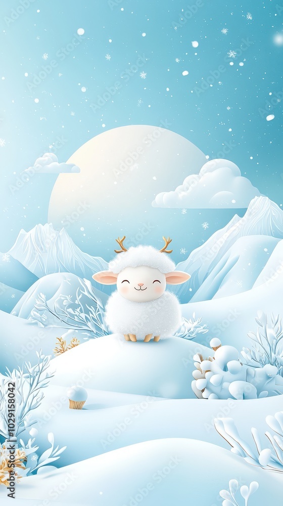 Obraz premium Cartoon lamb standing alone on a cold mountain peak, light snow falling in the background as the vast, wintry landscape stretches out.