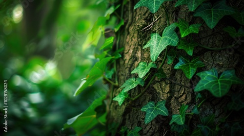 Lush green vine tendrils and leaves climbing up the rough bark of a tree trunk in a serene verdant forest The natural organic growth creates a scenic tranquil landscape