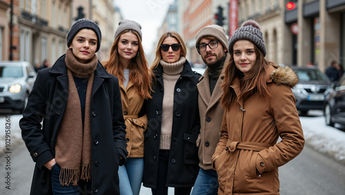 Fashionable Young Adults in Winter Attire Posing on Urban Street: Perfect for Fashion Ads and Lifestyle Campaigns