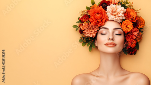 Woman with Flower Crown on Orange Background