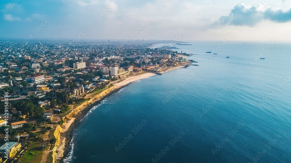Fototapeta premium Aerial View of a City Skyline along a Coastal Shoreline