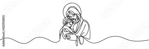 One continuous line drawing of a minimal Jesus Christ holding a baby in his arms