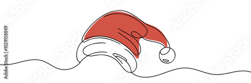 Christmas hat one line drawing on a white background. Vector illustration.