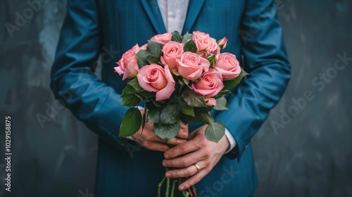 Man dressed in elegant blue suit holding pink roses bouquet. Groom holding wedding bouquet. Wedding anniversary, proposal, valentine's day concept