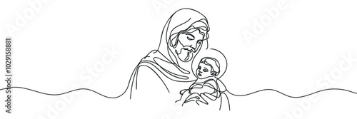 One continuous line drawing of a minimal Jesus Christ holding a baby in his arms