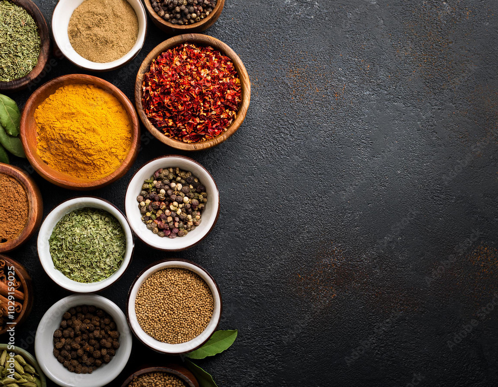 A set of spices and herbs. Indian cuisine. Pepper, salt, paprika, basil, turmeric. On a black wooden chalkboard. Top view. Free copy space. A set of spices and herbs. Indian cuisine. Pepper, salt, paprika, basil, turmeric. On a black wooden chalkboard. Top view. Free copy space.