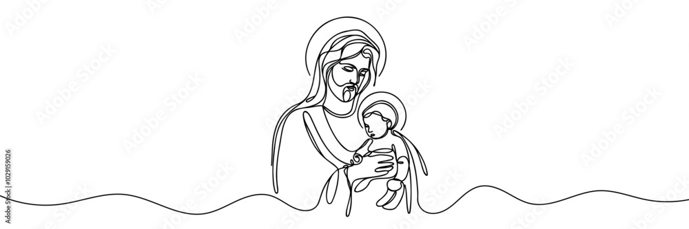 One continuous line drawing of a minimal Jesus Christ holding a baby in his arms One continuous line drawing of a minimal Jesus Christ holding a baby in his arms