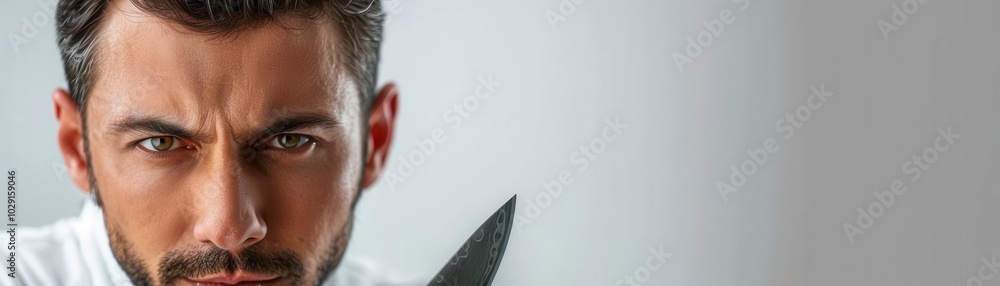 Man with chef's knife, white background, cooking tool Man with chef's knife, white background, cooking tool