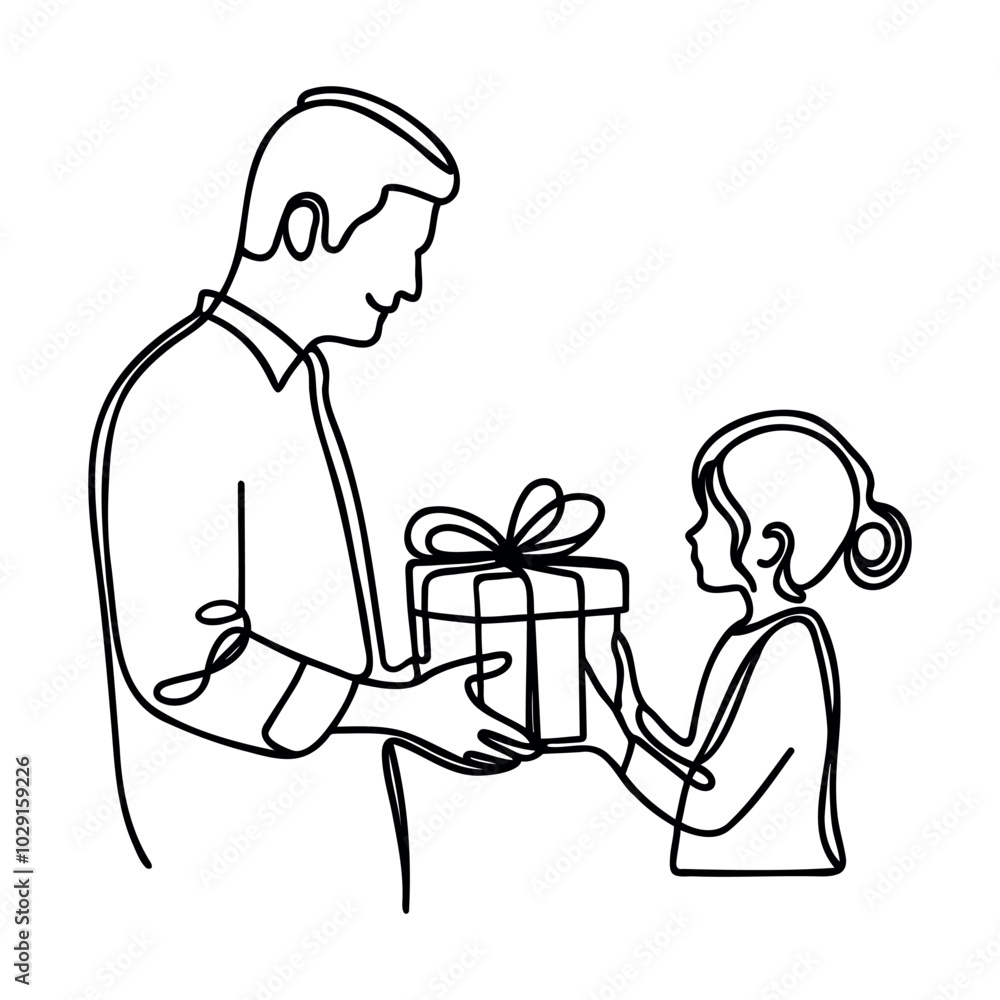 Continuous one line drawing of father giving gift to daughter, children birthday party concept, one line drawing Continuous one line drawing of father giving gift to daughter, children birthday party concept, one line drawing