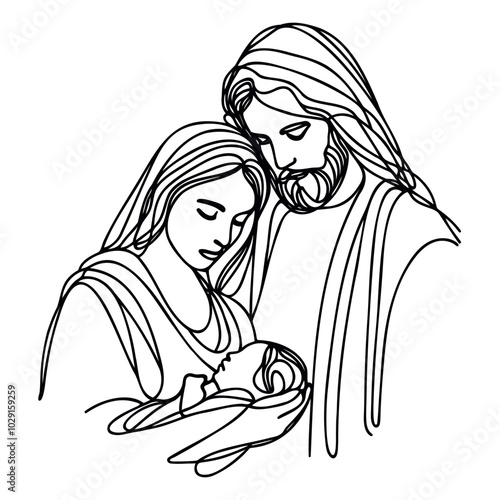 Continuous one line Christmas vector Christian nativity scene of baby Jesus with Mary and Joseph. Bethlehem scene.