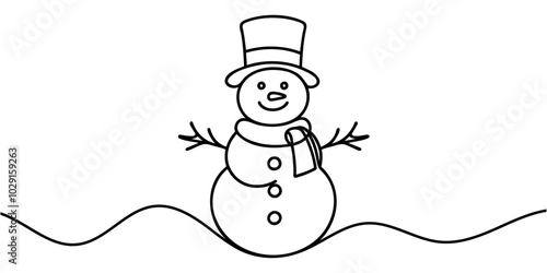 Merry Christmas decoration. Wavy line with snowman. Continuous one line art drawing. Vector illustration.