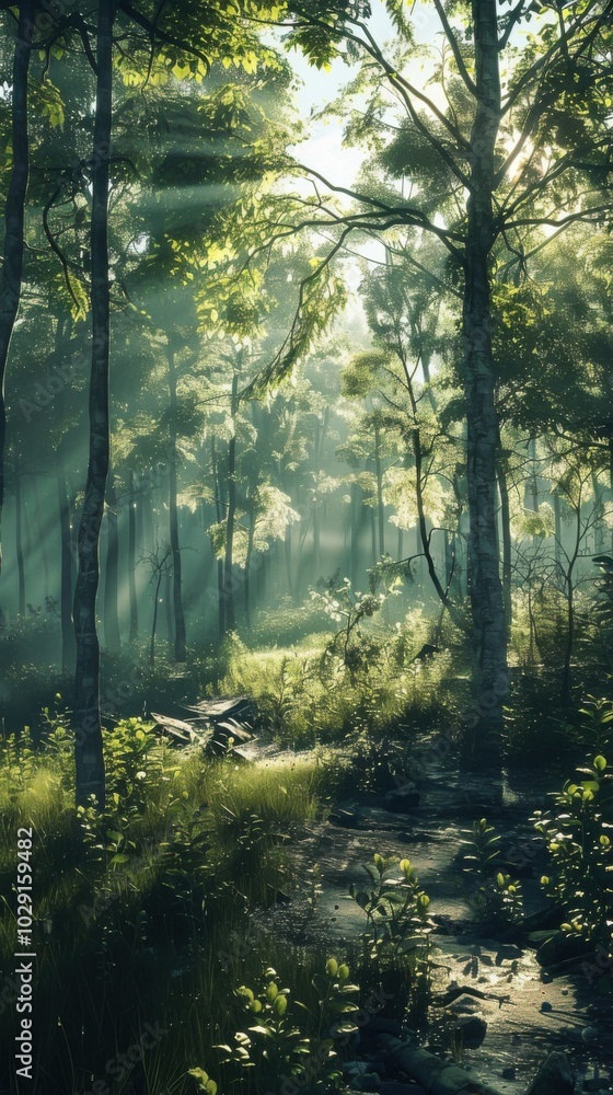 Fototapeta premium Peaceful forest with sunlight filtering through the trees, 4K hyperrealistic photo