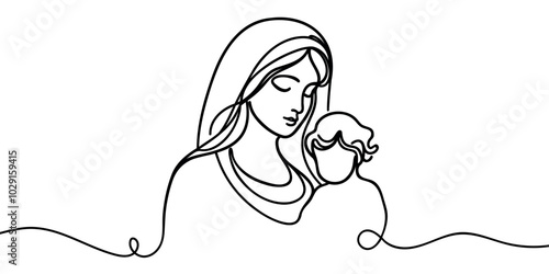 Continuous one line Marry and baby Jesus. Minimal style. Conceptual Christmas story